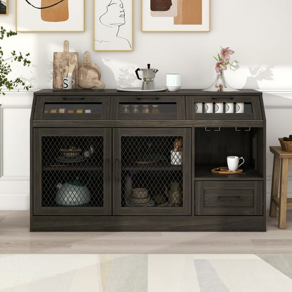 Wood Accent Buffet Sideboard Serving Storage Cabinet with 2 Mesh Metal Doors and Adjustable Shelves, Cupboard Console Table with 4 Drawers and Wineglass Holders(Espresso)