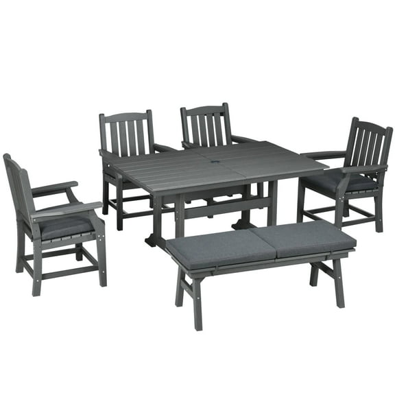 Resenkos 6 Piecess Patio Dining Set, Four Chairs And A Dining Bench, Cushions, Gray