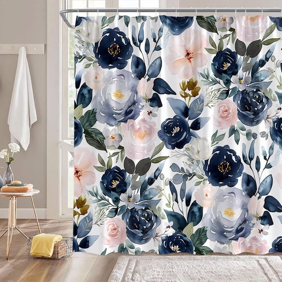Vintage Flower Shower Curtain Pink and Navy Blue Watercolor Floral Plant Modern Abstract Ink Retro Fabric Bathroom Decor Curtain with Hooks-72"W x 72"L (Pack of 1)