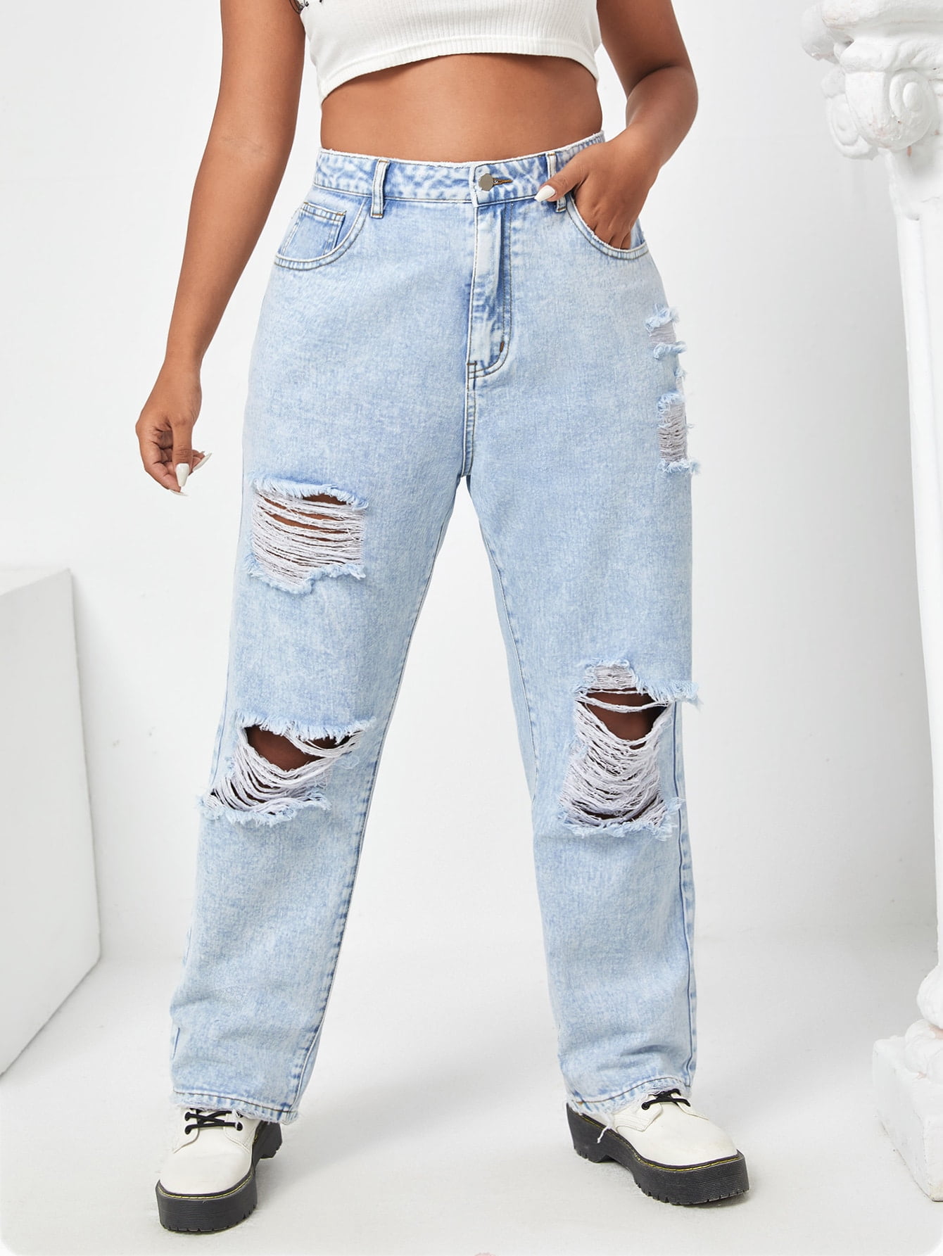Women's Plus Ripped Wide Leg Jeans 