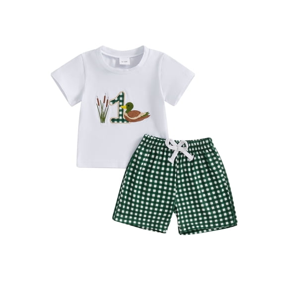 Nygoyerh Newborn Boys Birthday Outfit Duck Letter Embroidery Short Sleeve Tops and Plaid Shorts 2 Pcs Summer Set Infant Clothing 6M 9M 12M 18M