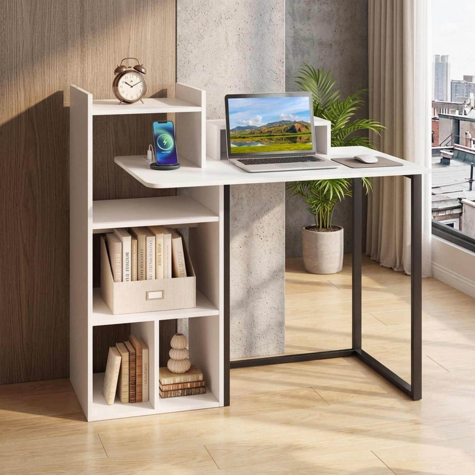 Furnibear 43.5" Computer Desk with Charging Station, Home Office Desk with Ergonomic Monitor Stand and Open Shelves for Bedroom Study, White