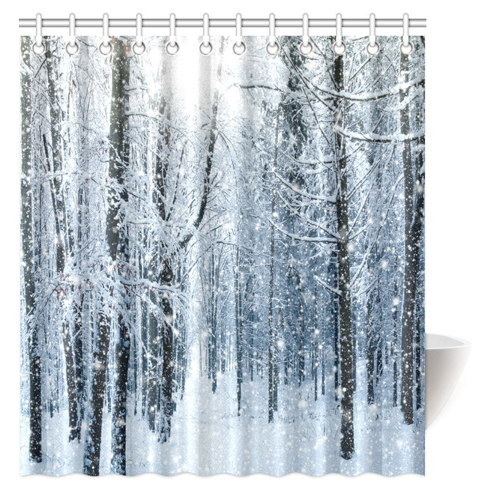 MYPOP Winter Landscape Decor Shower Curtain, Winter Snow on Trees