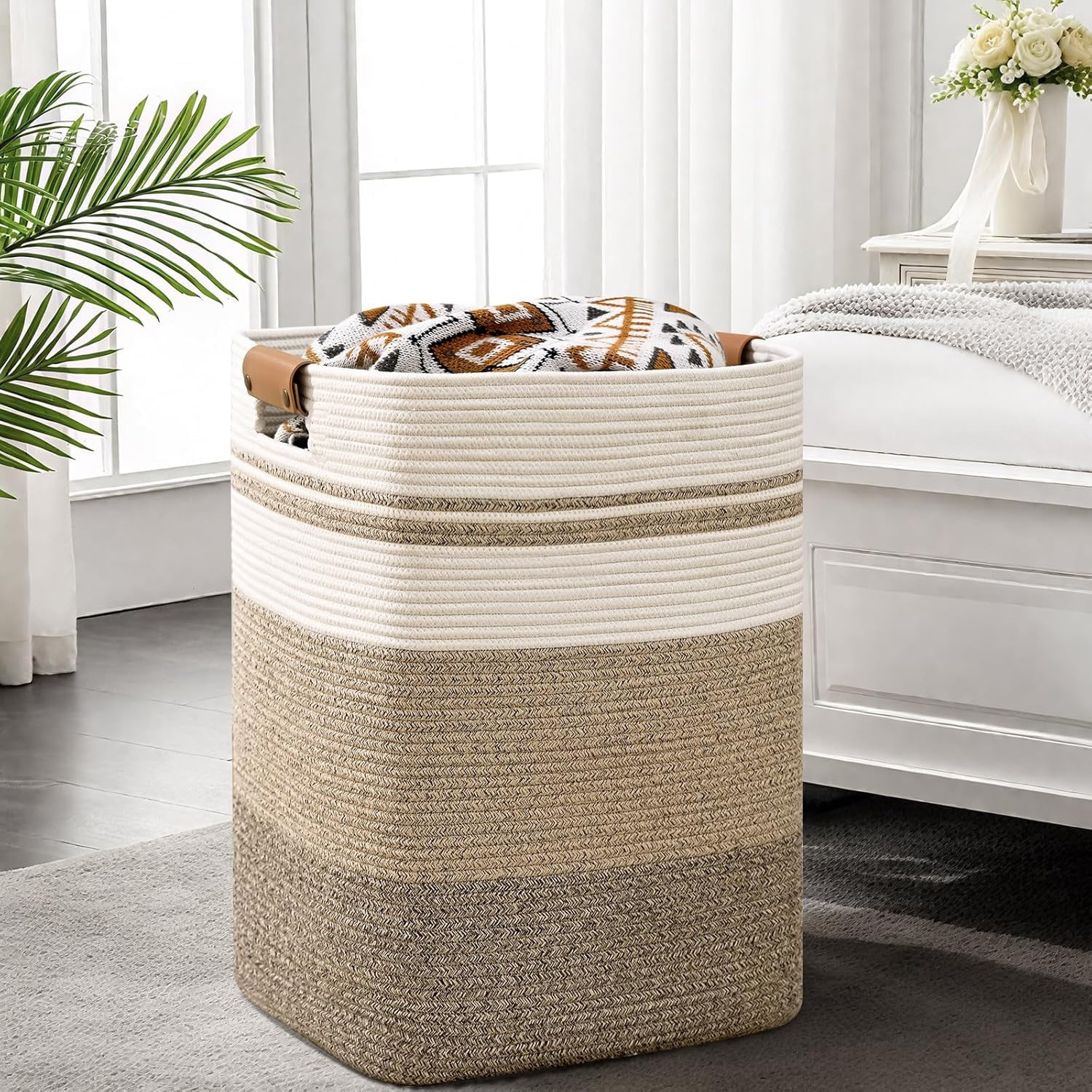 Natubeau 95L Tall Woven Rope Laundry Basket, Sturdy Decorative Storage Bin