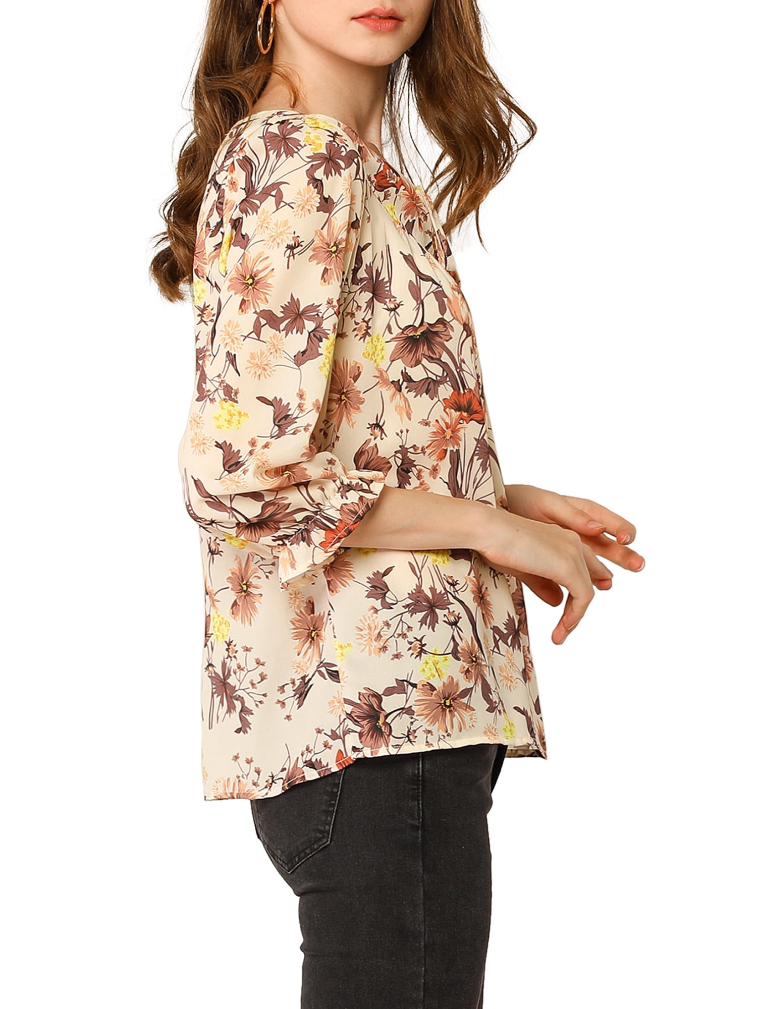 DARING DIVA Tie V Neck Boho Ruffled 3/4 Sleeve Blouse L Beige