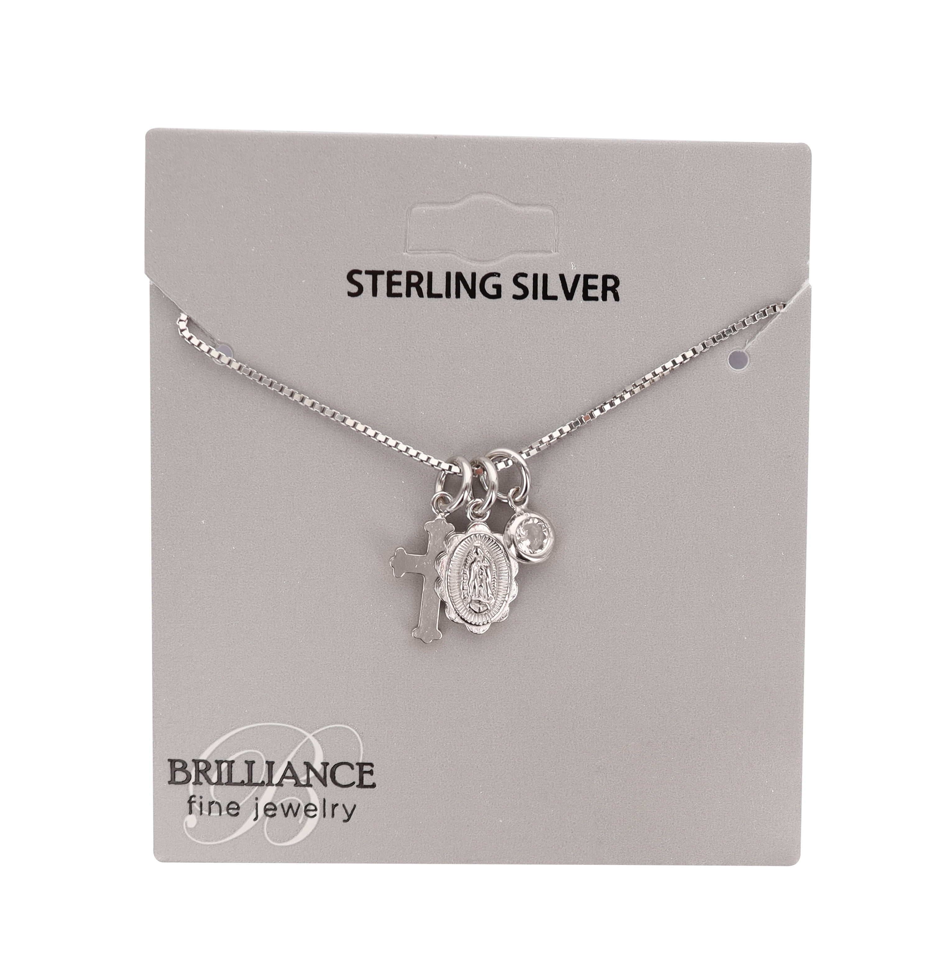 Brilliance Fine Jewelry Sterling Silver Floating CZ, Guadalupe and Cross Charms Necklace, Box Chain 16"+2"
