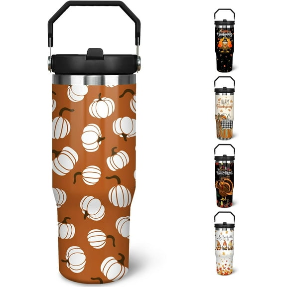 30oz Pumpkin Fall Tumbler with Flip Straw & Lid - Insulated Travel Mug, Coffee Cup, Water Bottle - Thanksgiving Gift for Women & Girls