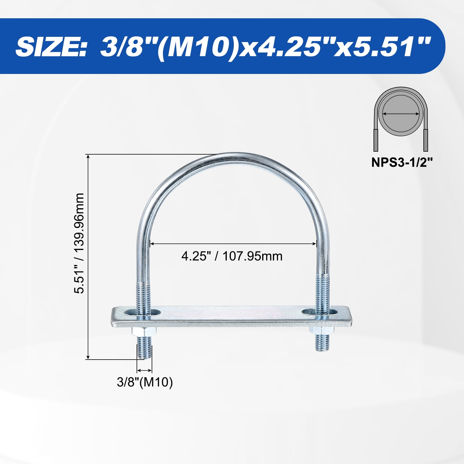U Bolts 2 Sets (3/8"(M10)x4.25"x5.51"), Round U Bolt Kits Carbon Steel with Accessories - for Construction, Pipe, Trailer, Automotive, Leaf Spring Fastener