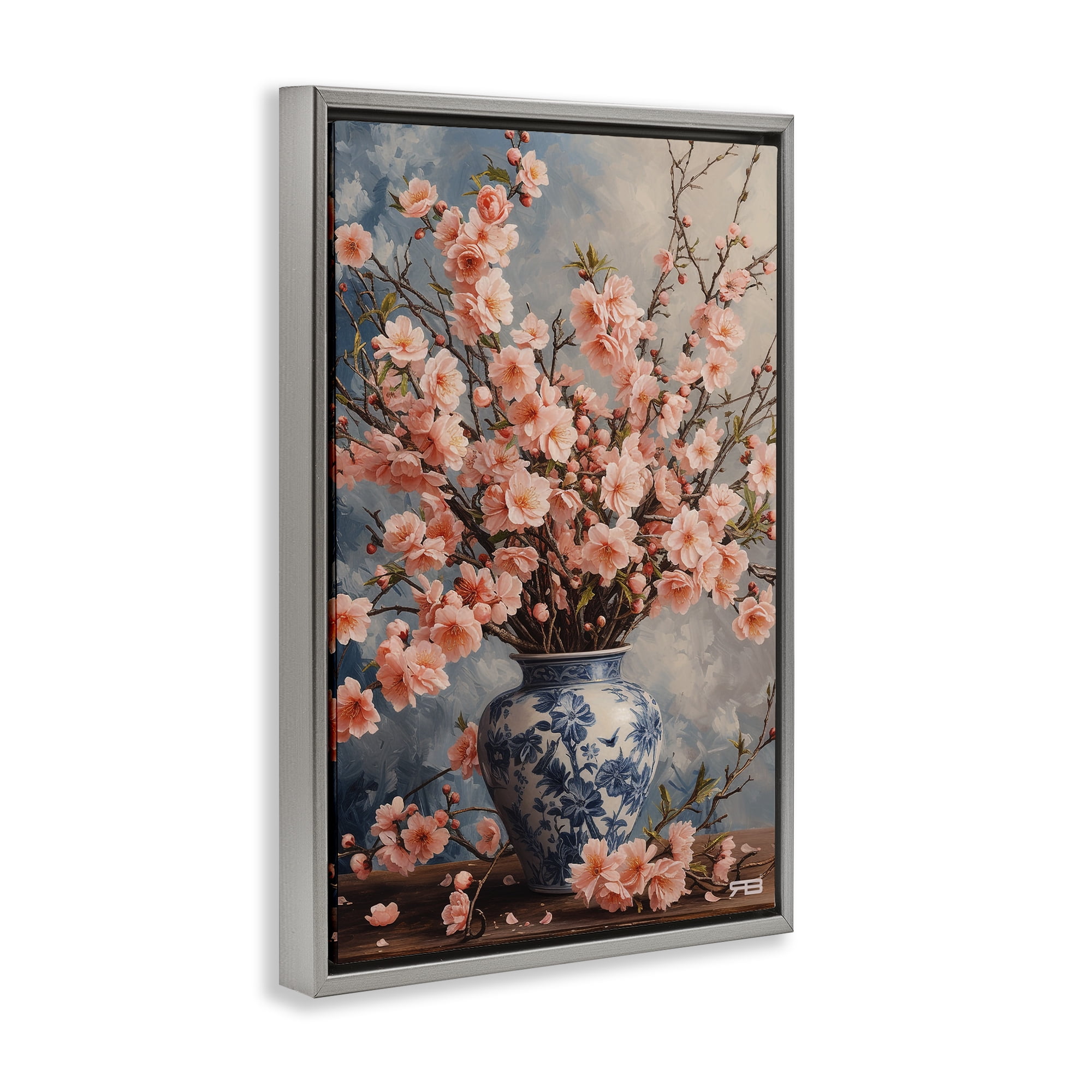 Stupell Industries Detailed Cherry Blossom Vase Botanical & Floral Painting Gray Floater Framed Art Print Wall Art, 21 x 31