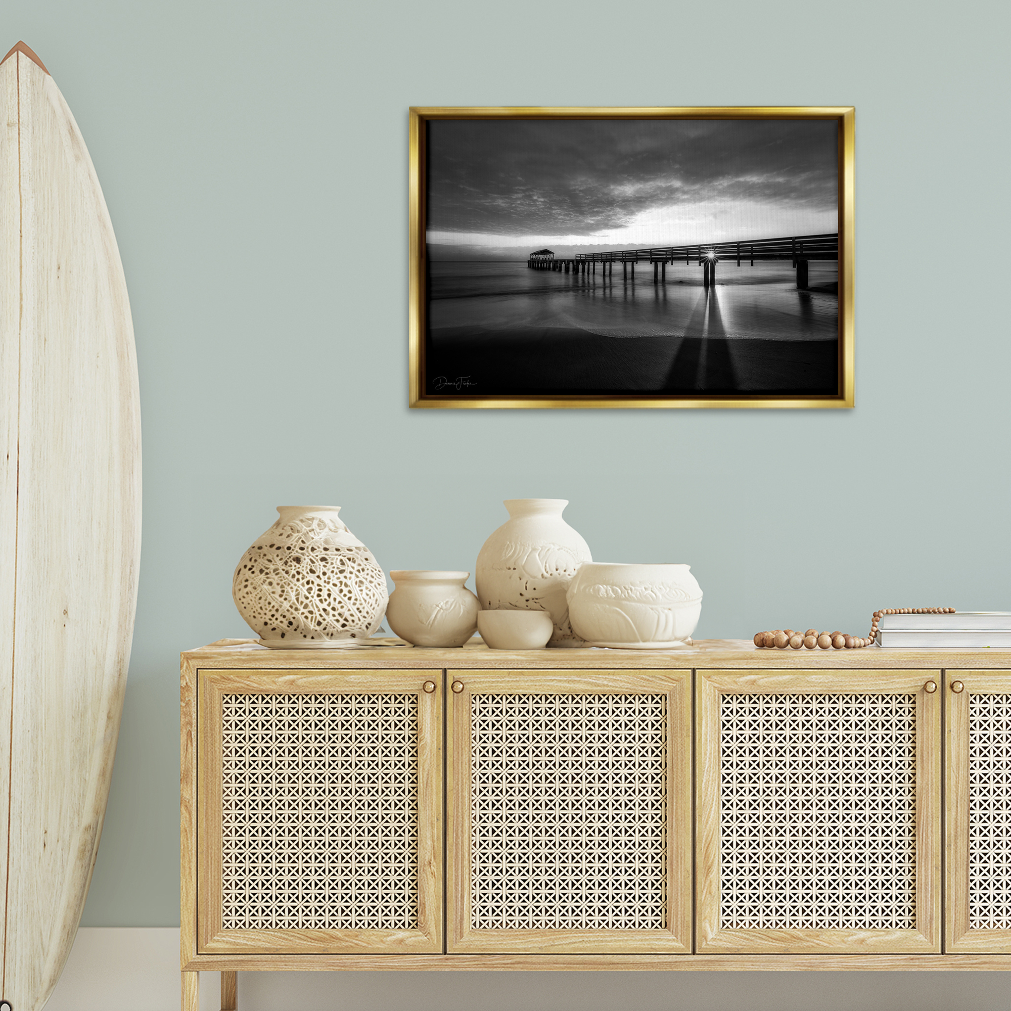 Stupell Industries Sun Shining Through Dock Landscape Photography Gold Floater Framed Canvas Art Print Wall Art, 31 x 21