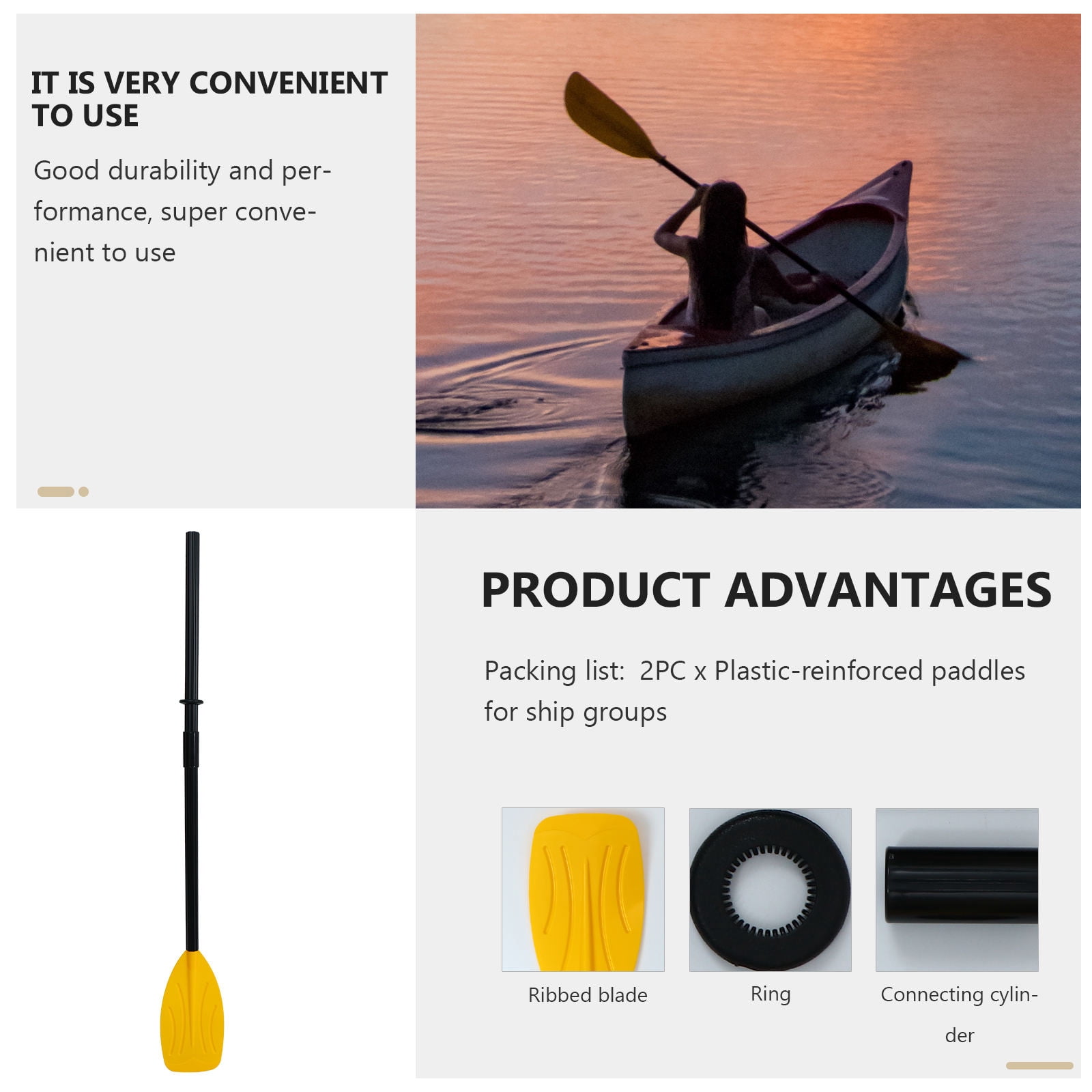 WEUVEB 1 Pair Black French Style Boat Paddles Detachable Plastic Kayak Canoe Rowing Accessories Set