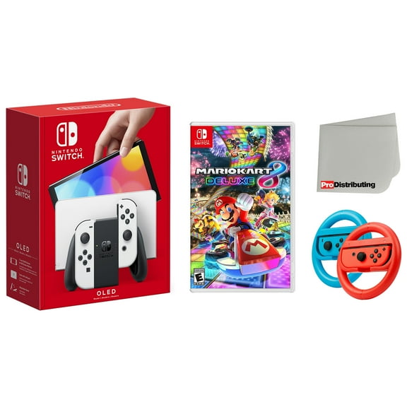 Nintendo Switch OLED White Console with Mario Kart 8, Steering Wheel Set and Screen Cleaning Cloth Bundle