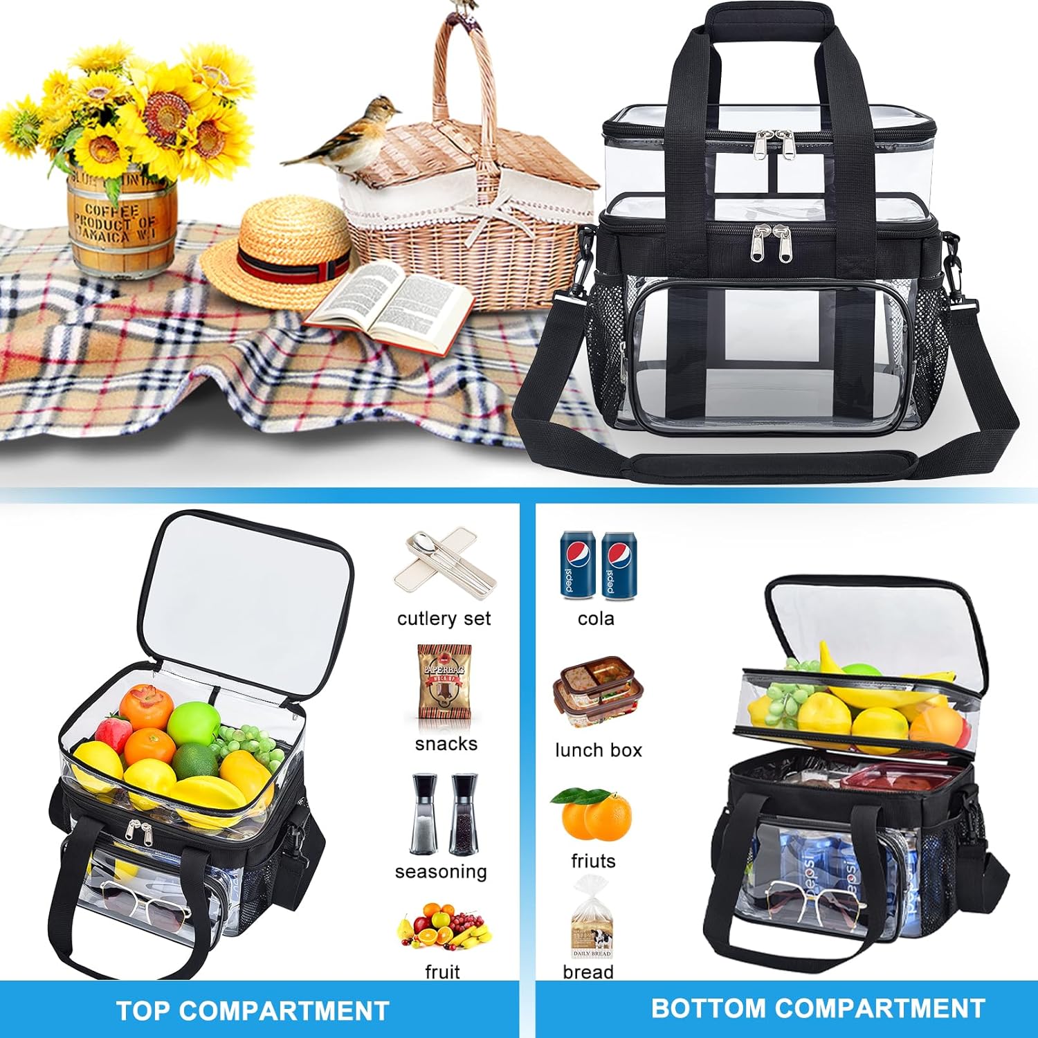 Clear Lunch Bag - Large Double-Deck Reusable Lunch Bag for Work | Heavy Duty PVC Material | 12.5 x 11 x 9 Capacity