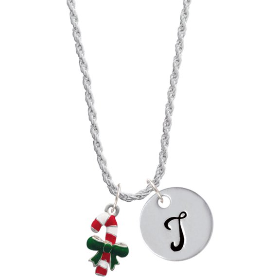 Delight Jewelry Silvertone Candy Cane with Green Bow Silvertone Script Initial Disc - T - Charm Necklace, 20"+3"