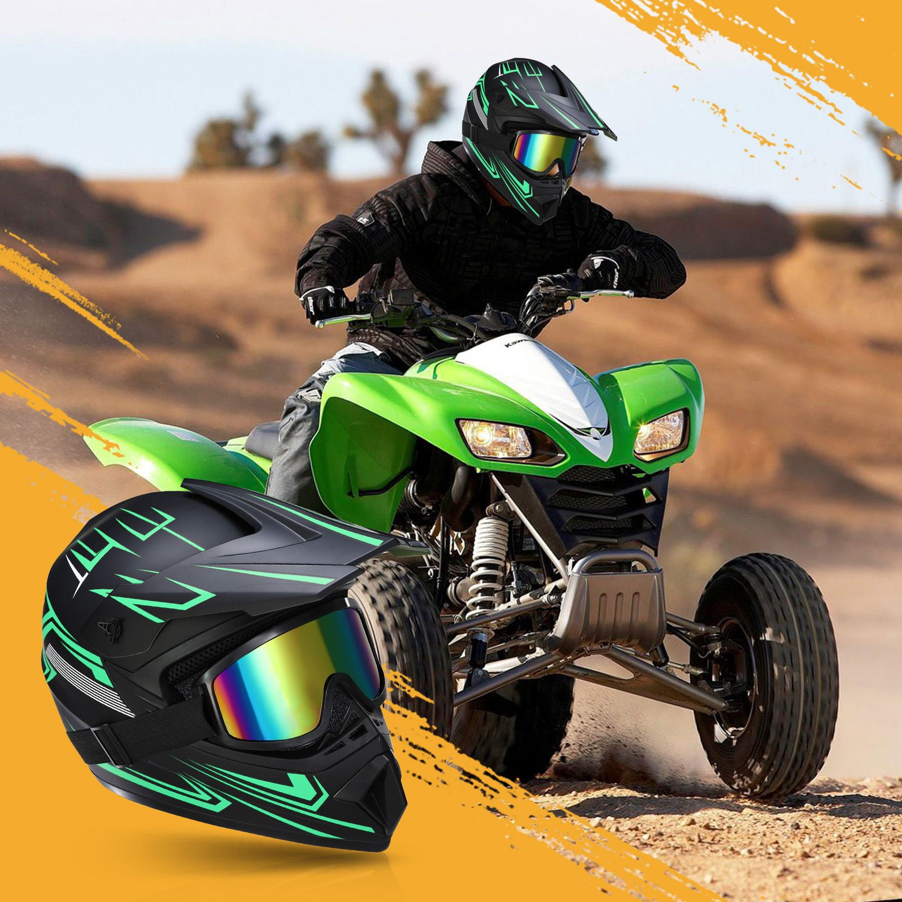 Oryxearth Motocross Dirt Bike Helmet, Off-Road Motorcycle & ATV Helmet with Goggles Gloves, Green, L