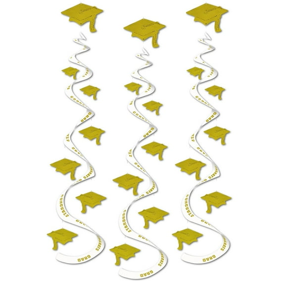 Party Central Club Pack of 18 White and Gold Congrats Grad Hanging Whirl Decorations 30"