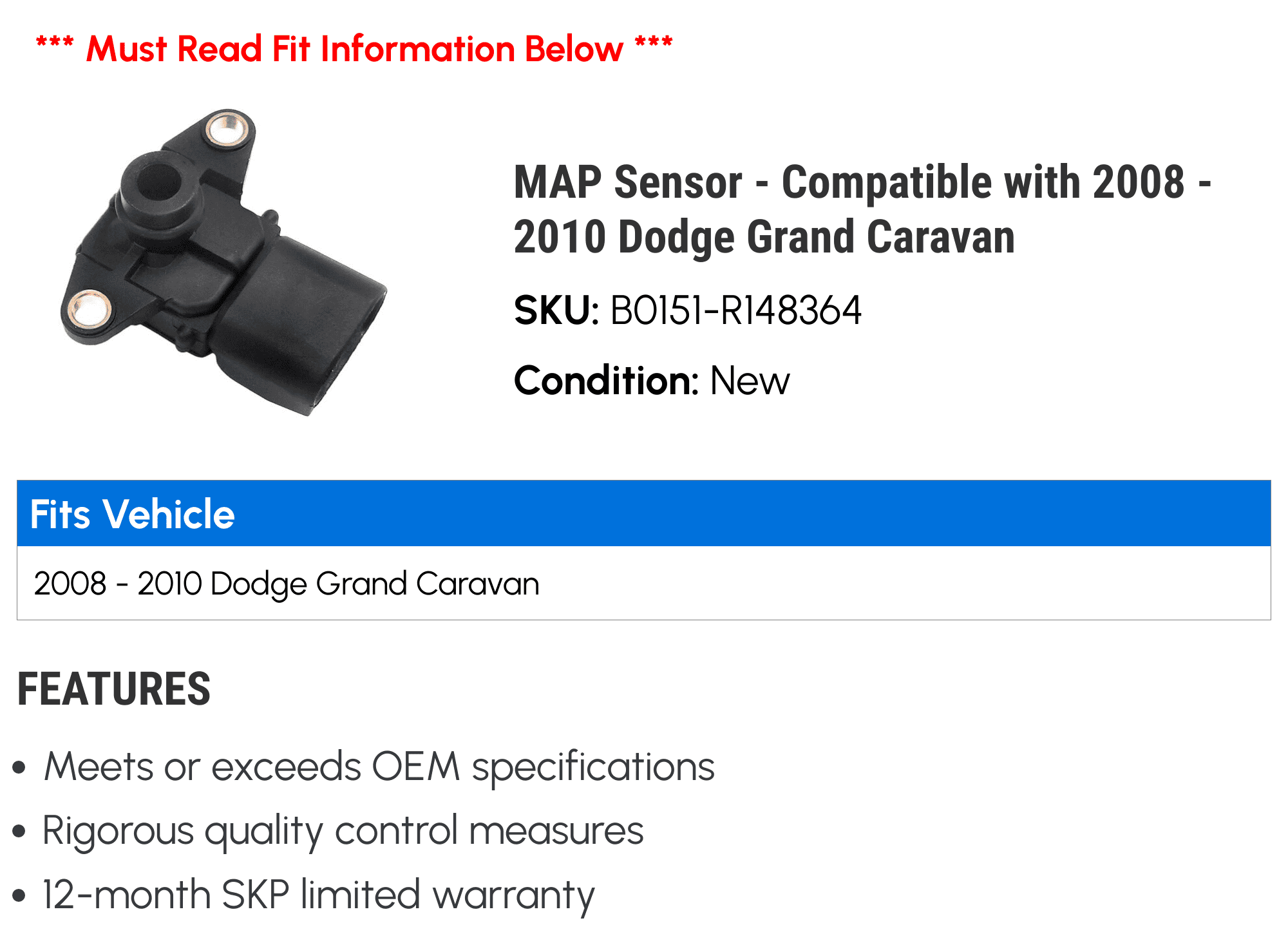 MAP Sensor - Compatible with 2008 - 2010 Dodge Grand Caravan 2009