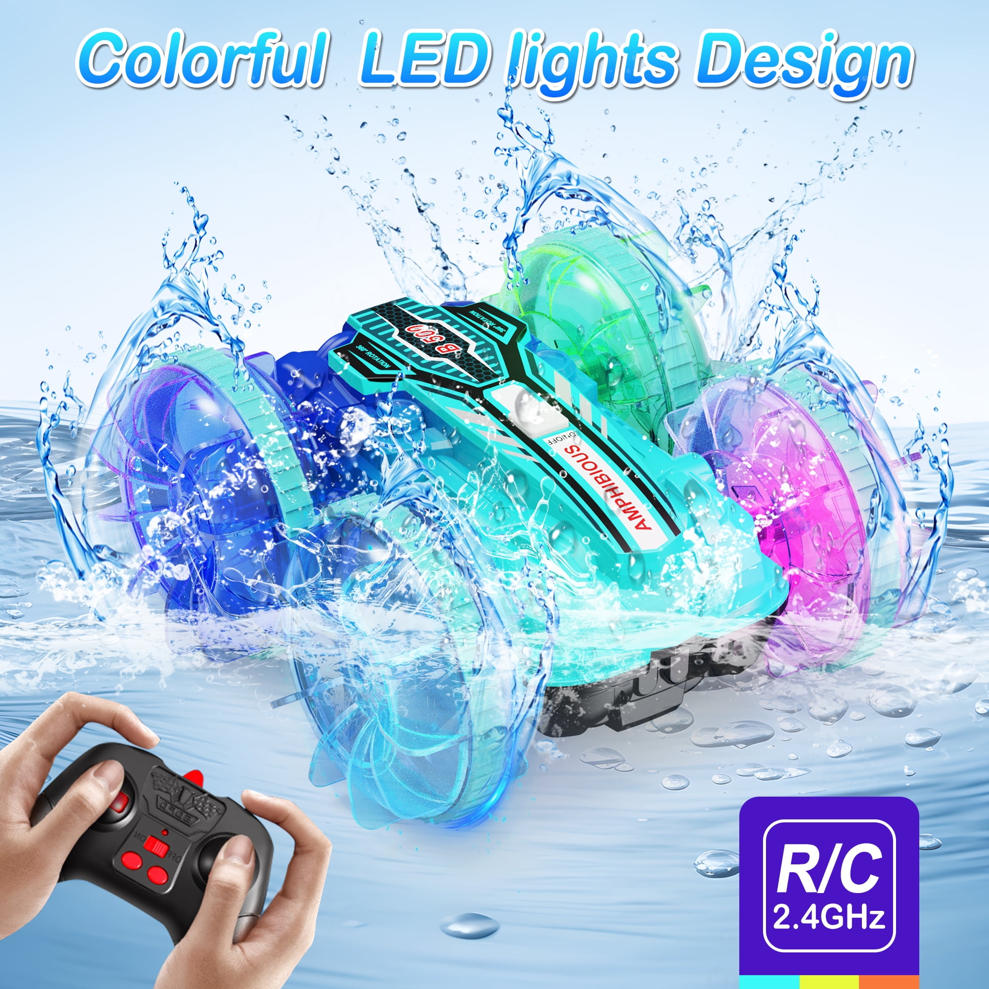 UUGEE Remote Control Cars, RC Car Toys for Kids 8+ Years Old Boys Girls Gifts, 4WD Gesture 360° Rotating Drift Amphibious RC Stunt Cars Boat with LED Lights - Blue