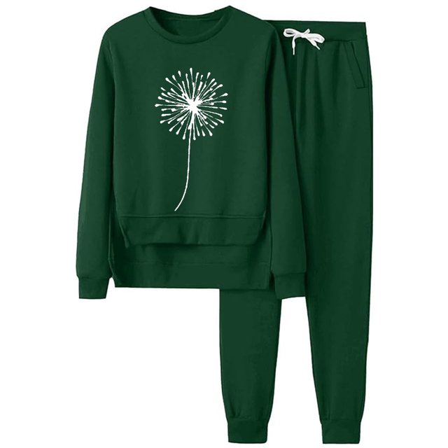 Gibobby Conjuntos de sudadera con bloques Trajes informales con estampado de diente de león, cuello redondo, manga larga y pantalones largos para mujer para l(Verde,CH)