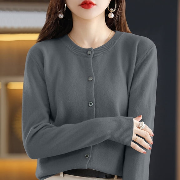 Resicozy Womens Cropped Cardigan Sweaters Lightweight Crew Neck Button Down Cardigans Open Front Long Sleeve Sweater Dark Gray L