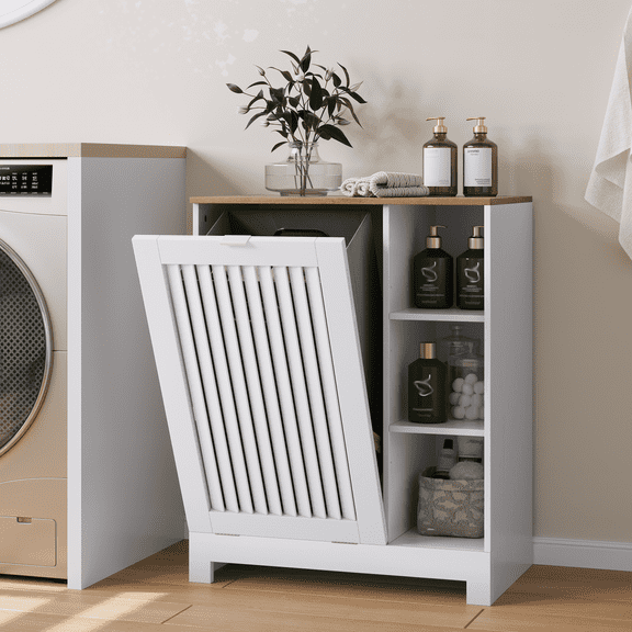 Smart FENDEE Laundry Hamper Cabinet with Louvered Door,Canvas Basket,3 Open Drawers, Laundry, White
