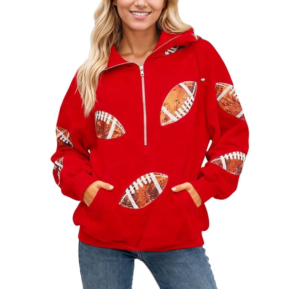 Rhinestone Football Color Block Hoodie Women's Half Zip Long Sleeve Pullover Sweatshirt Athletic Wear