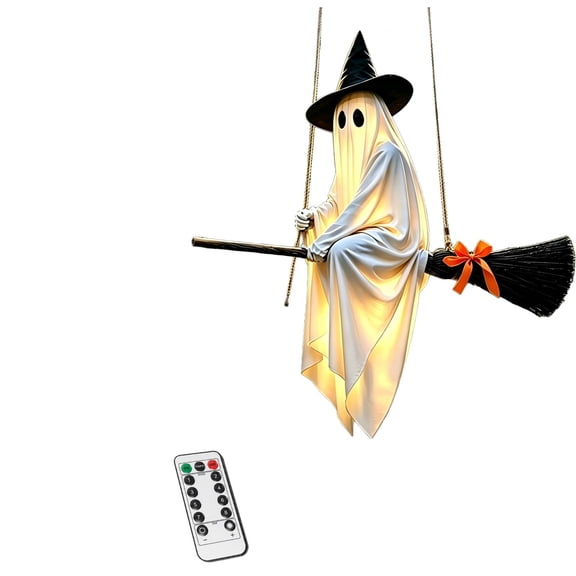 2027 New Upgraded 5 FT Hanging Flying Ghost on Witch Broomstick Halloween Decor,Light-Up Sheer Ghost with Witch Hat, Weather Resistant Spooky Ornament for Front Porch Yard Tree Lawn Halloween Party