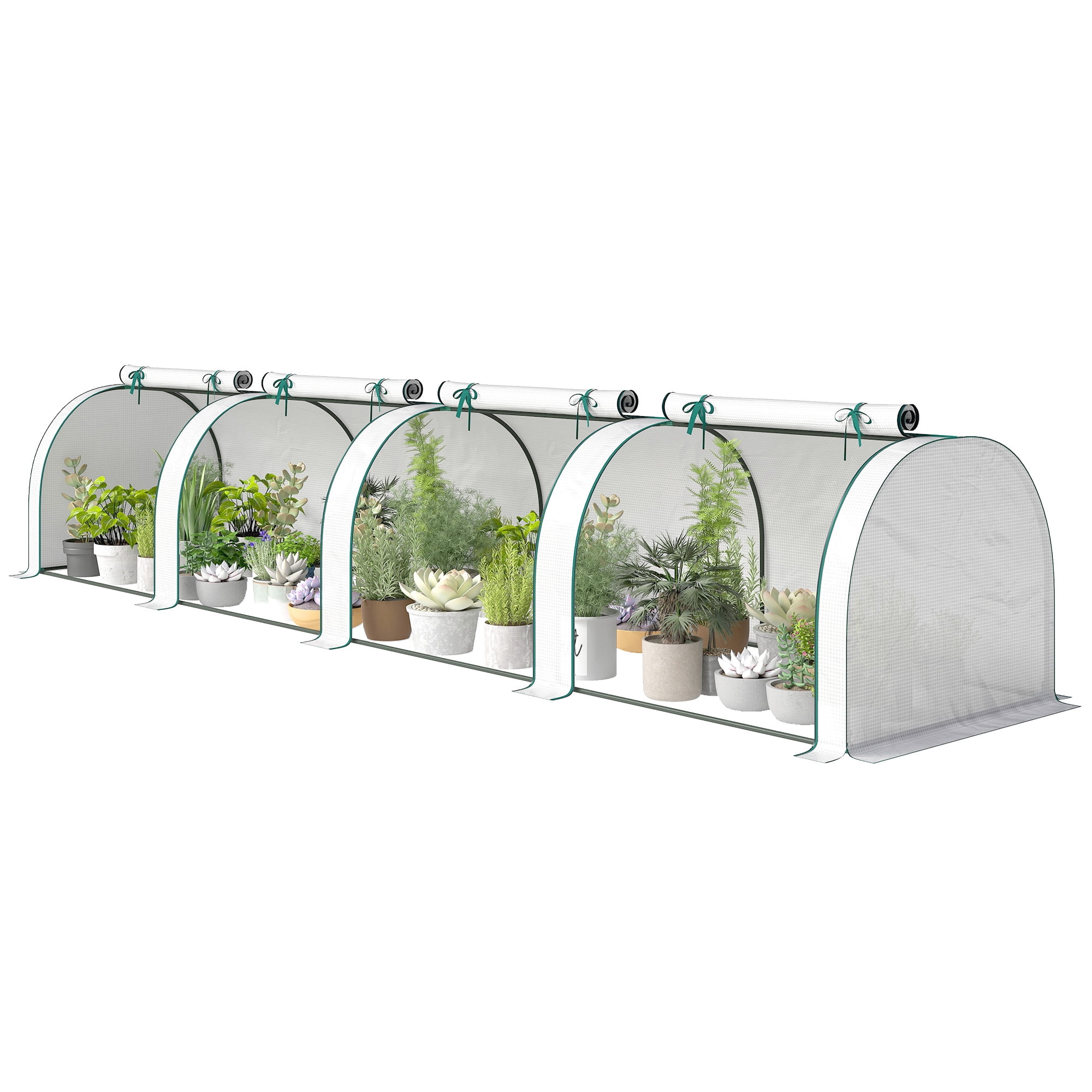 Large Low-Profiled Outdoor Greenhouse with 4 Roll-Up Zipper Doors, PE UV-Protective Cover, Steel Frame, Windproof Level 4 for Balcony Patio