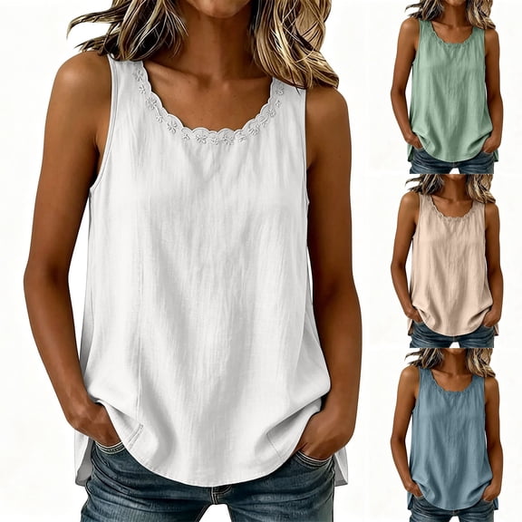 Pafei Tyugd Womens Linen Tank Tops Plus Size Dressy Lace Crew Neck Summer Tshirts Loose Fit Comfy Sleeveless Shirts for Daily Wear White L