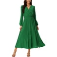 thumbnail image 2 of INSPIRE CHIC Robe Plissée pour Femme Manches Longues Bouffantes Col en V Robe avec Ceinture à la Taille G Vert Foncé, 2 of 7