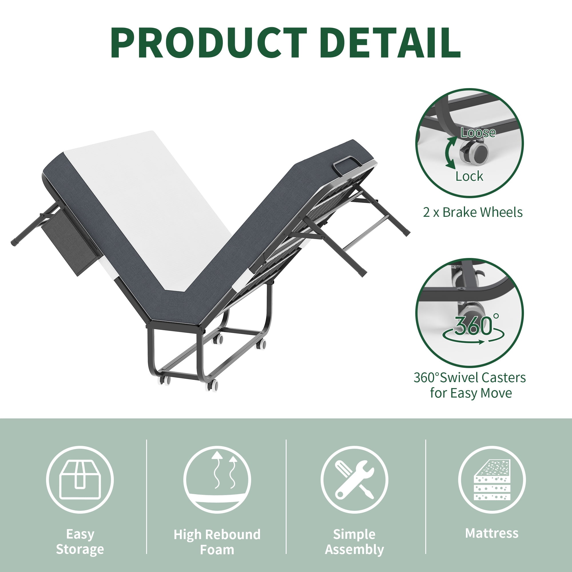 PORKISS Folding Bed with Mattress for Adults, Rollaway Guest Bed with 5" Memory Foam Mattress, Portable Foldable Bed with Locking Wheels, Space Saving Bed for Guest Room, Home Office, 74.8" x 30.7"