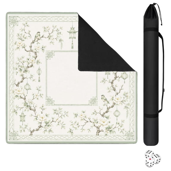 Mahjong Mat for Table 31.5" x 31.5" White Blossom Bird Chinoiserie Anti Slip Noise Reduction Padded Board Game Table Mat for American Mahjong with Carrying Bag