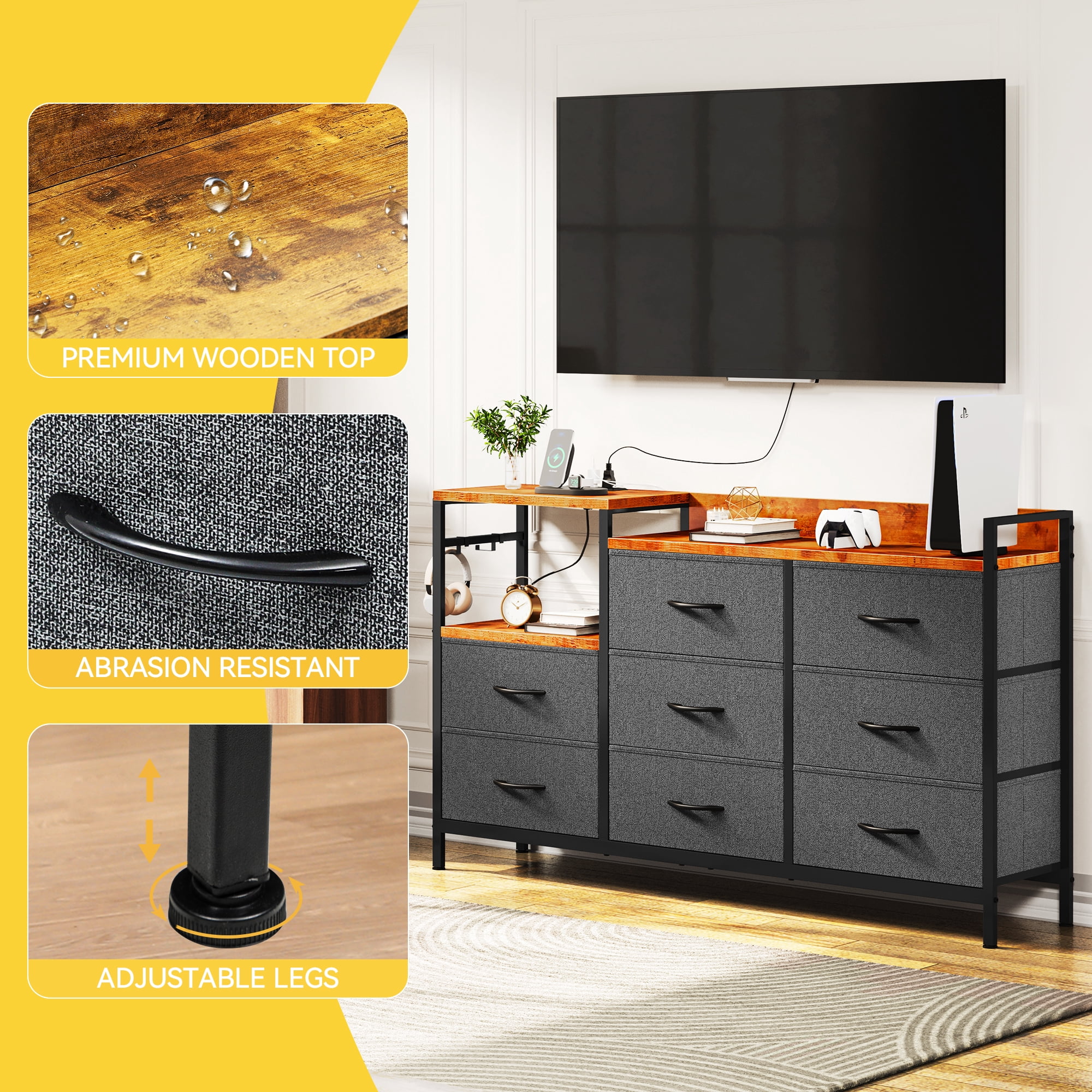 Uforic 8 Drawers Wide Wooden Top Dresser with Charge Station for Closet, Living Room, Hallway, Gray