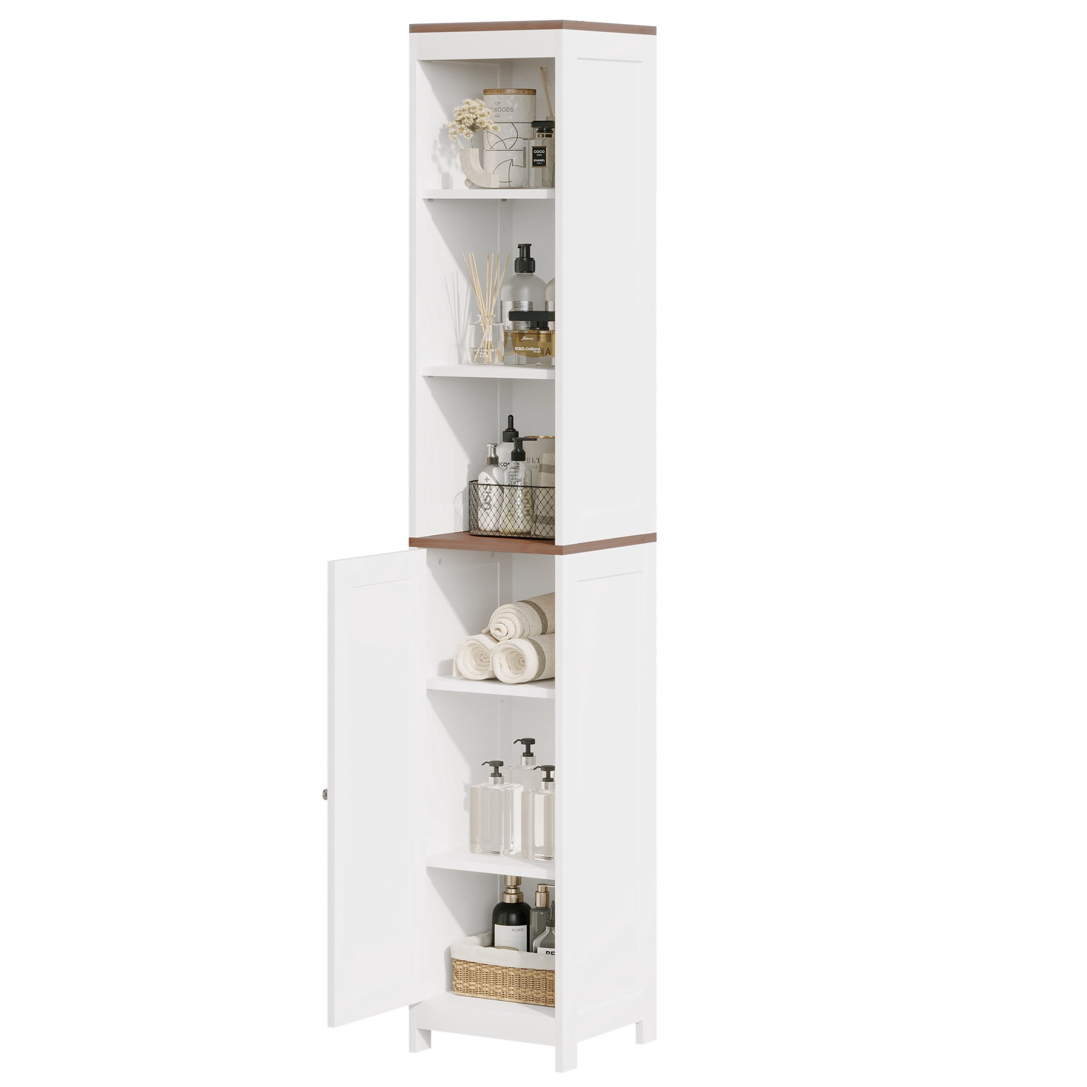 Noble House Tall Bathroom Storage Cabinet, Slim Freestanding Linen Tower with Reversible Door, Small Spaces, White