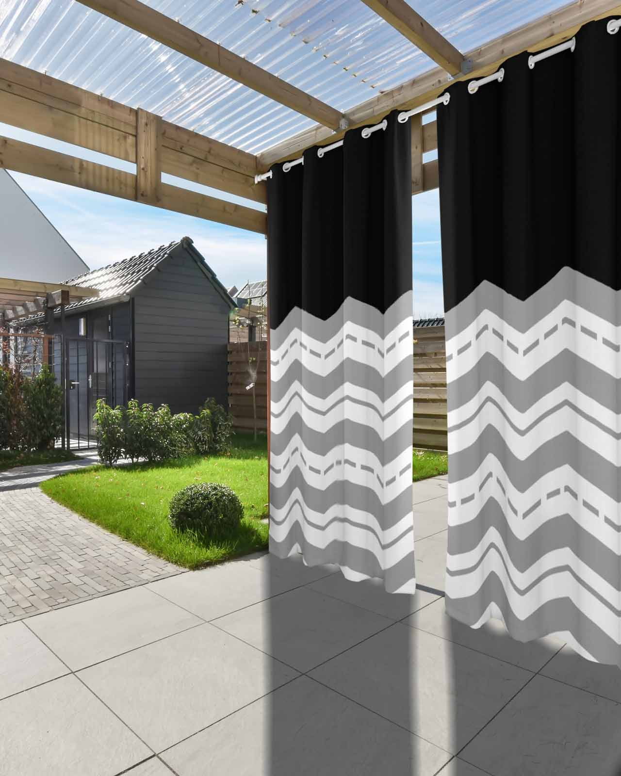 Black Grey Outdoor Curtains for Patio, Geometric Chevron Print Wavy Striped White Privacy Drapes Grommet Waterproof Outside Curtains for Porch/Cabana/Balcony 54"x 95", 2 Panel