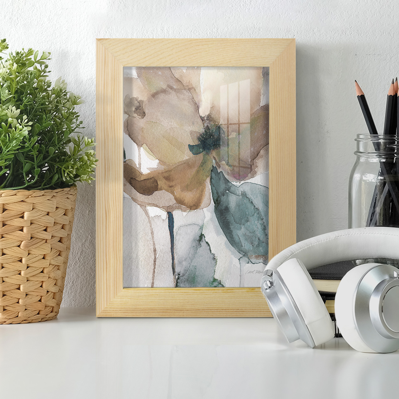 Watercolor Poppy I -Framed Print w/glass-Natural Wood