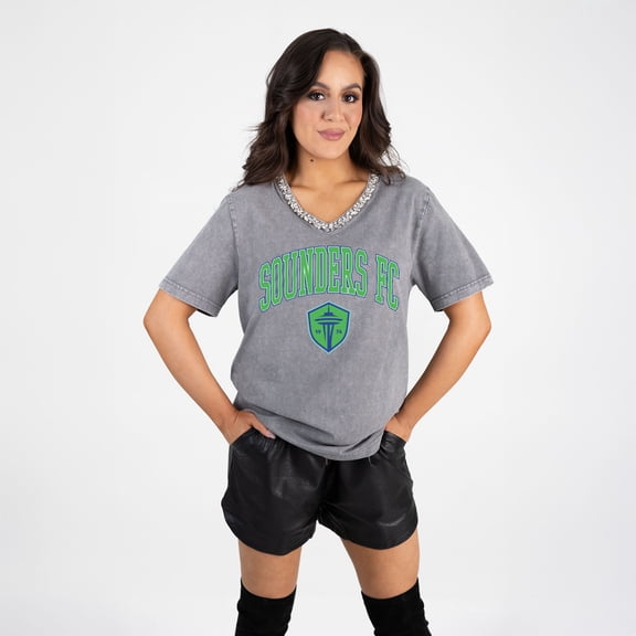 Women's Gameday Couture Gray Seattle Sounders FC Relaxed Iconic Edge Rhinestone V-Neck T-Shirt