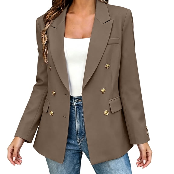 Ecqkame Women's Blazer Jackets Double Breasted Lapel Collar Padded Shoulder Long Sleeve Casual Work Outerwear Coffee S