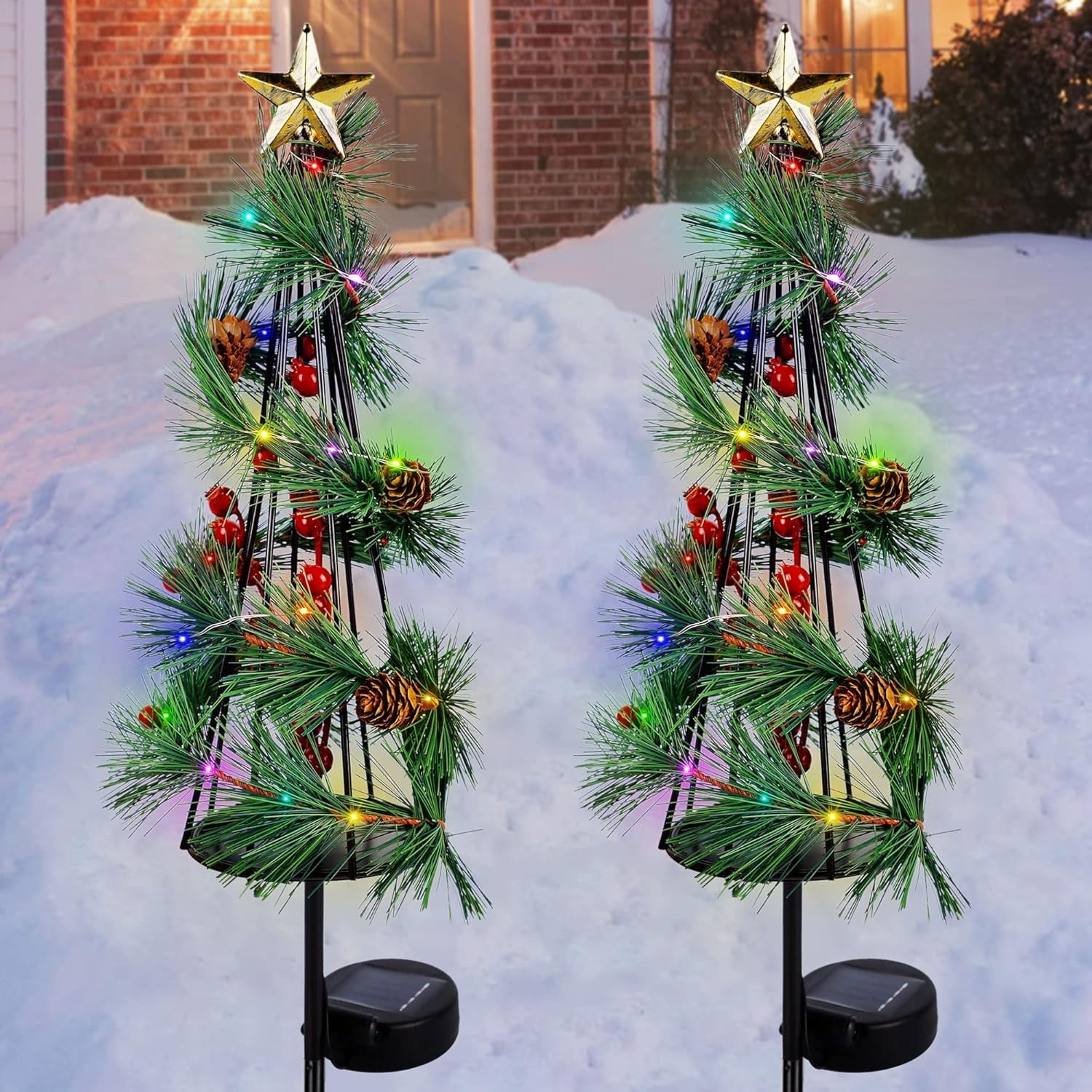 MAGGIFT Christmas Lighted Solar Stake Lights, Outdoor Solar Powered LED Xmas Tree Yard Signs with Star, Light Up Pathway Lights with Multicolor LED, Metal Tree Garden Stakes Lawn Ornament, Set of 2