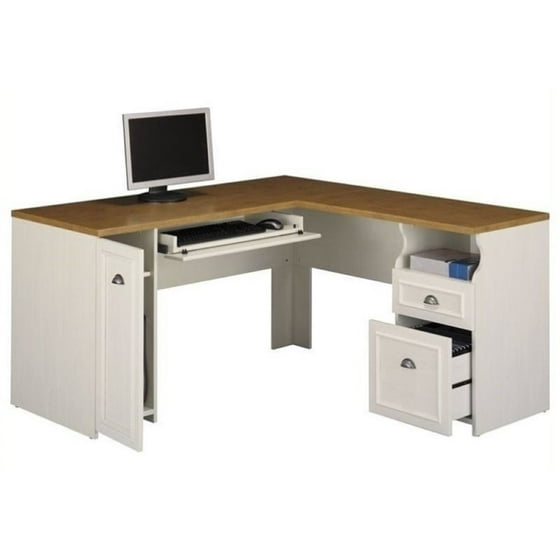 Bowery Hill L Shaped Wood Computer Desk In Antique White And Tea Maple