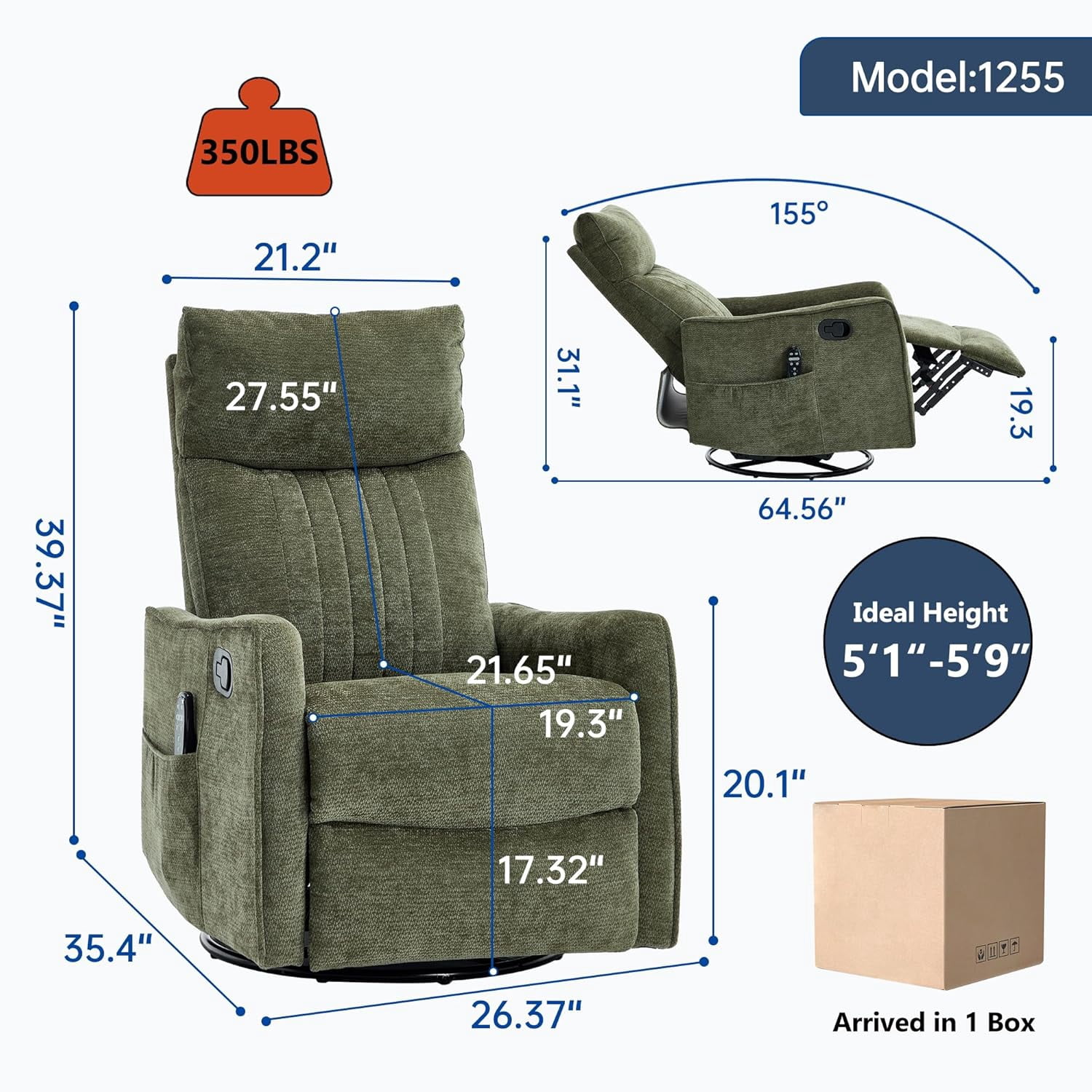 High Back Manual Recliner Chair with Heat & Massage, Swivel Rocker for Living Room Bedroom, Antique Green