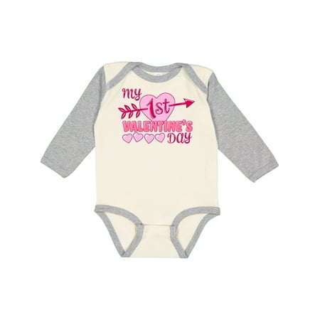 

Inktastic My First Valentine s Day with Pink Heart and Arrow Gift Baby Boy or Baby Girl Long Sleeve Bodysuit