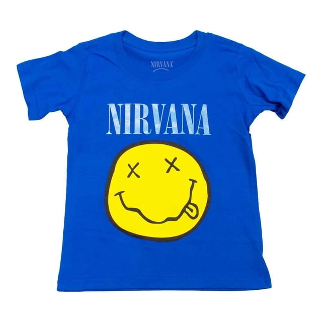 playera nirvana para niño juvenil, talla 4 azul rey vista frontal centrada de camiseta azul rey con NIRVANA en blanco y la carita amarilla icónica estampada abajo; manga corta, cuello redondo y silueta recta, adecuada para uso diario y combinar con shorts o pantalones.
