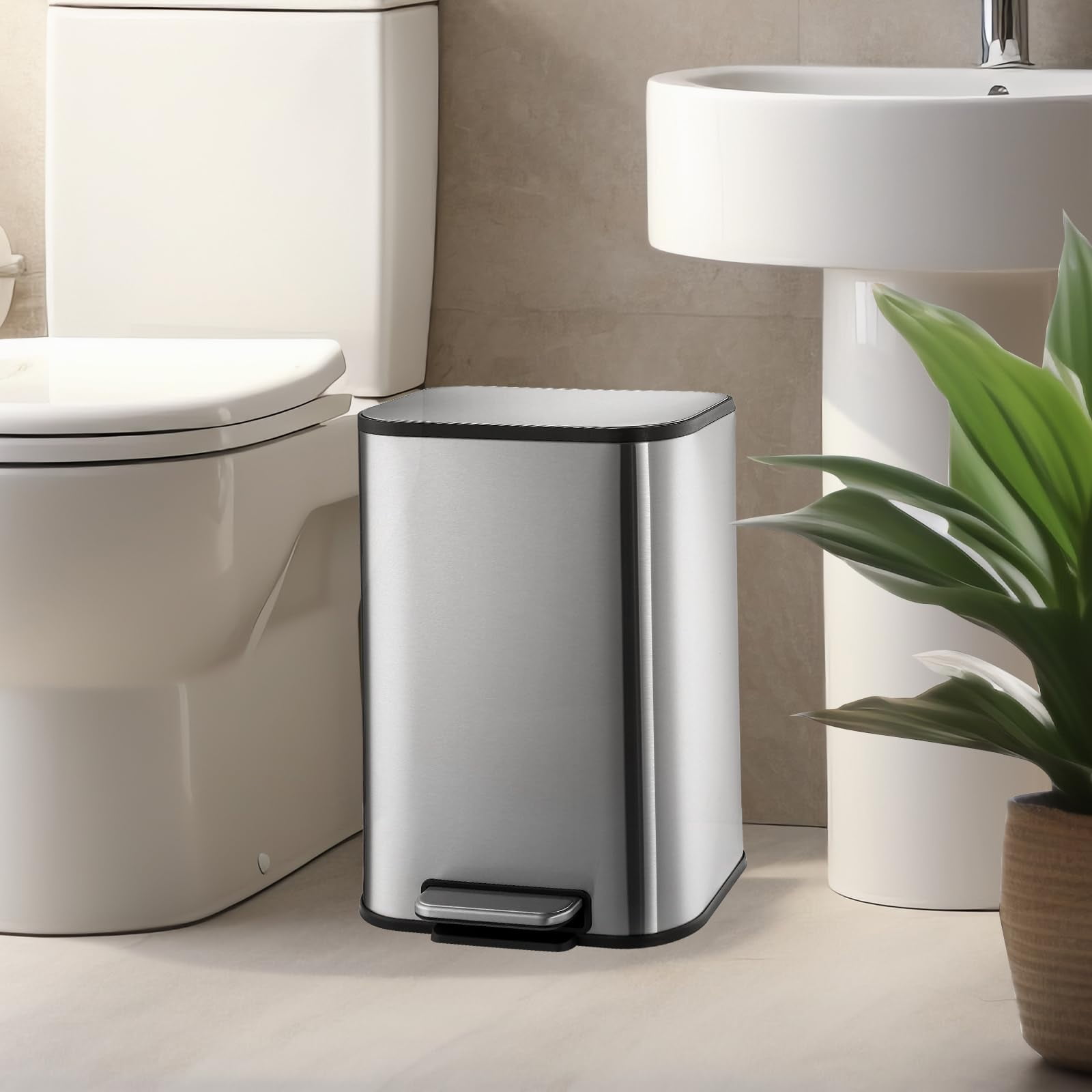 5.3 Gallon Stainless Steel Garbage Can, Small Rectangular Trash Can with Soft Close Lid Foot Pedal & Inner Bucket for Kitchen Home