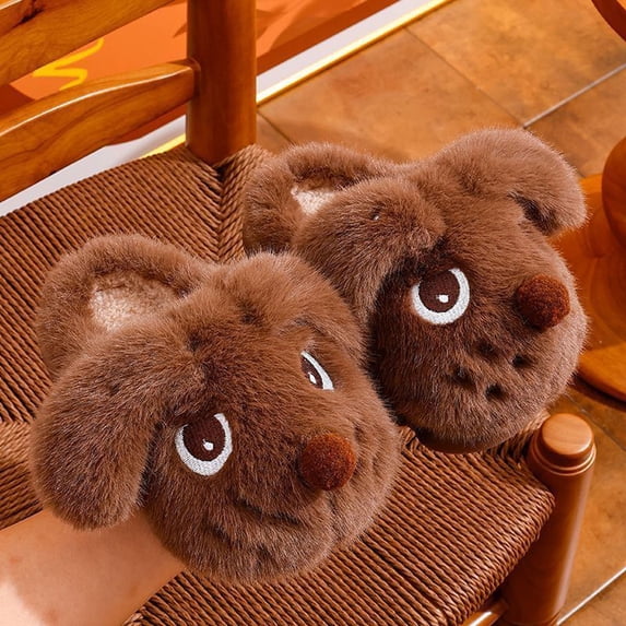 ABSUYY Dog Slippers for Boys Girls, Brown Soft Plush Warm House Shoes, Non Slip Closed Back, Size 1.5 Big Kid