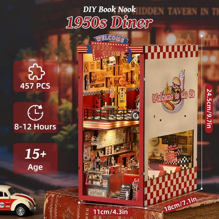 Book Nook Kit - Miniature 1950s Diner Dollhouse with LED Lights