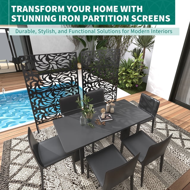 Edtara Modern Freestanding Privacy Screen, Rustproof Metal Fence Panel With Leaves Motif, Weather-Resistant Decorative Divider for Patio, Balcony, Deck, Garden and Interior Spaces