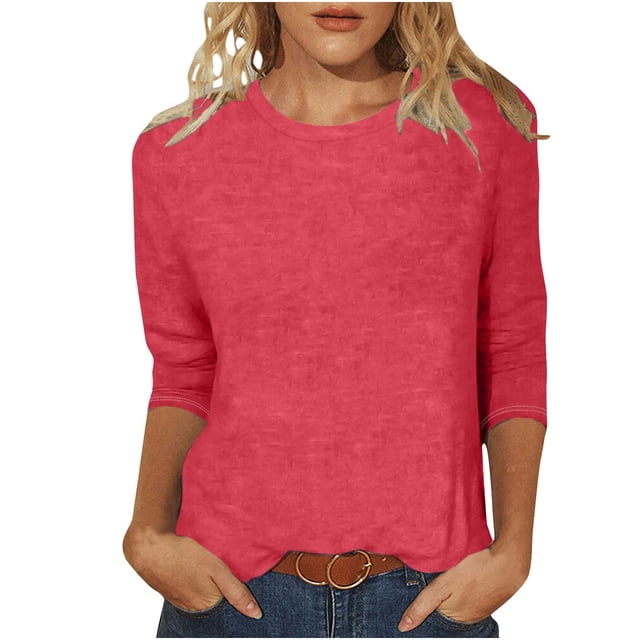 Admvng Blouses pour Femmes Habillées Décontractées Col Rond Manches 3/4 T-shirt Ample Basique Hauts Femmes P-2TG
