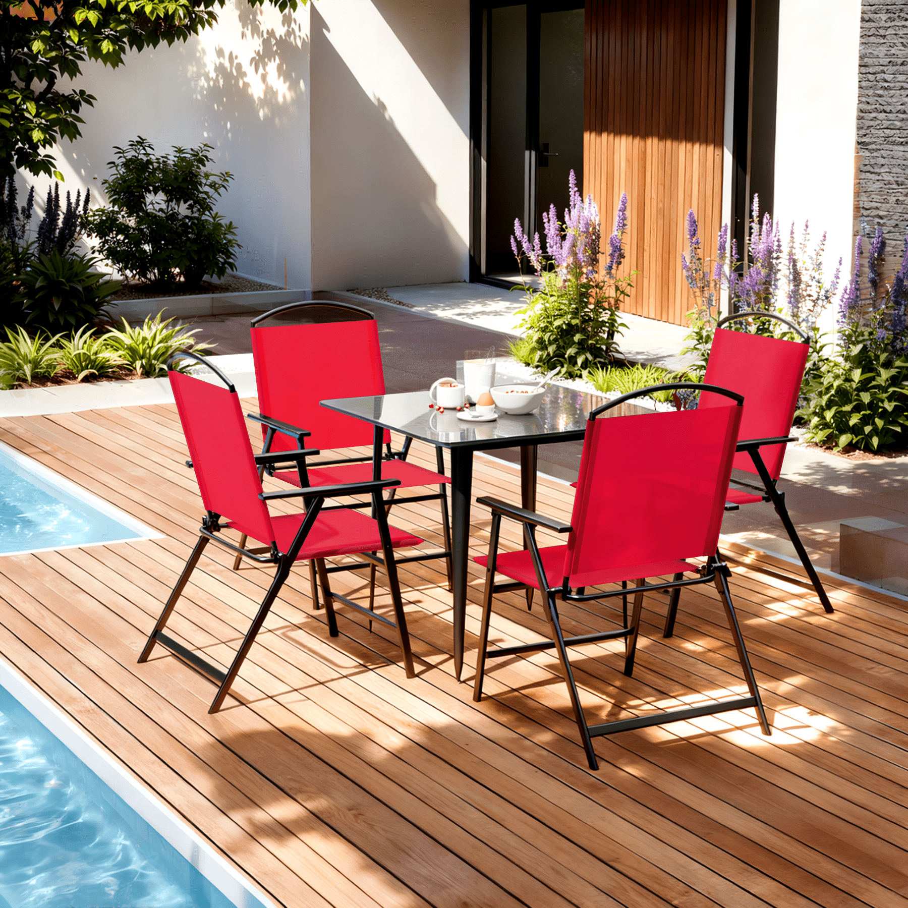 Outdoor Red Portable Folding Patio Dining Sling Chairs Set Of 2 With Armrest Foldable Patio Chairs For Lawn Garden Balcony Living Room Furniture