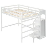 Euroco Modern Wood Full Size Loft Bed with Storage Wardrobe and Shelves for Kids Teens, White